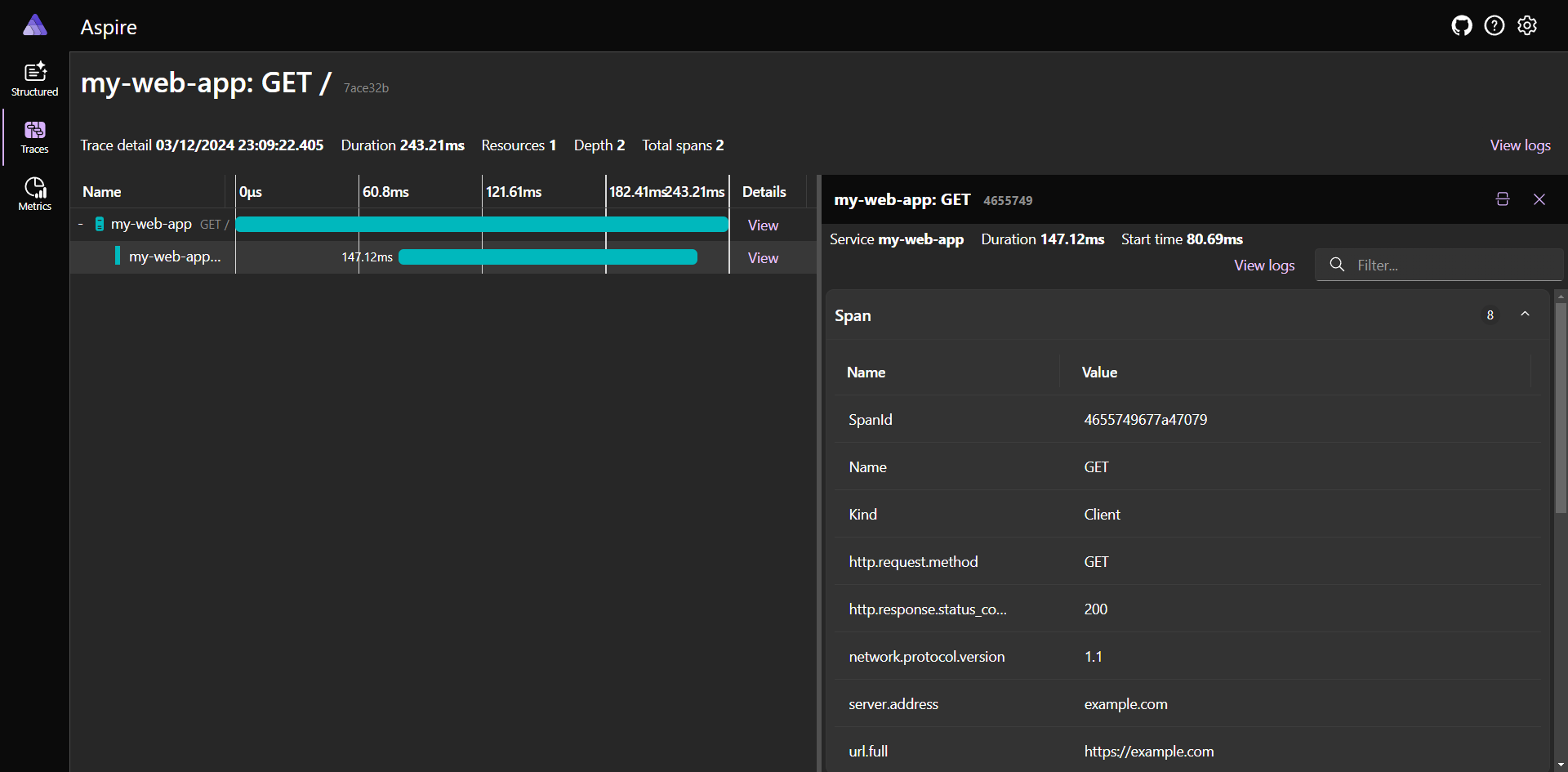 Aspire dashboard distributed traces screen